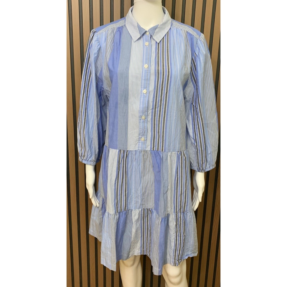 Gap Blue Mixed Stripe Tiered Shirt Dress Cotton L 3/4 Sleeve Casual Mini - Picture 1 of 12